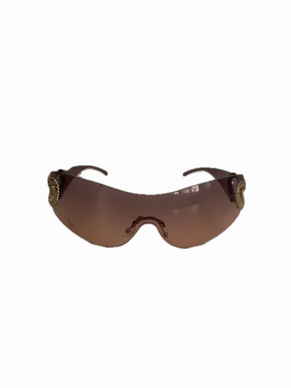 Rimless Brown Shield Sunglasses with Gold Medallion Detail